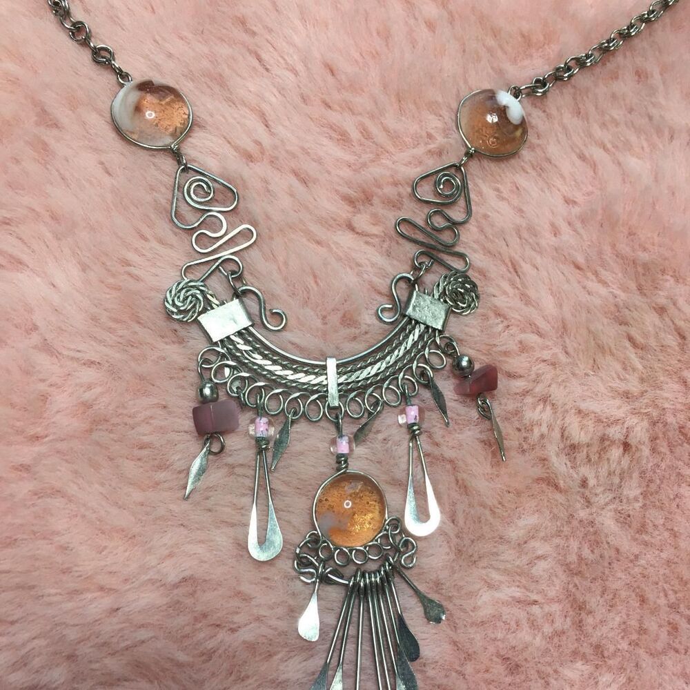 Vintage Boho Silver Wire Wrapped Statement Necklace Art Glass Dangle Fringe